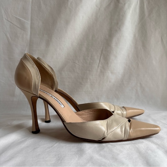 Manolo Blahnik Cream Two Tone Leather Pointed Toe Sling Back Strap Heel Size 38 - Picture 2 of 5